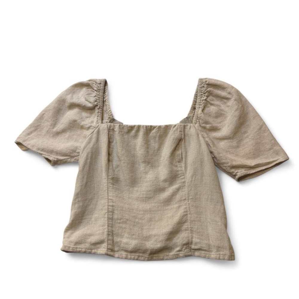 Abercrombie & Fitch Linen-Blend Puff Sleeve Smocked Crop Top XS - Picture 4 of 8